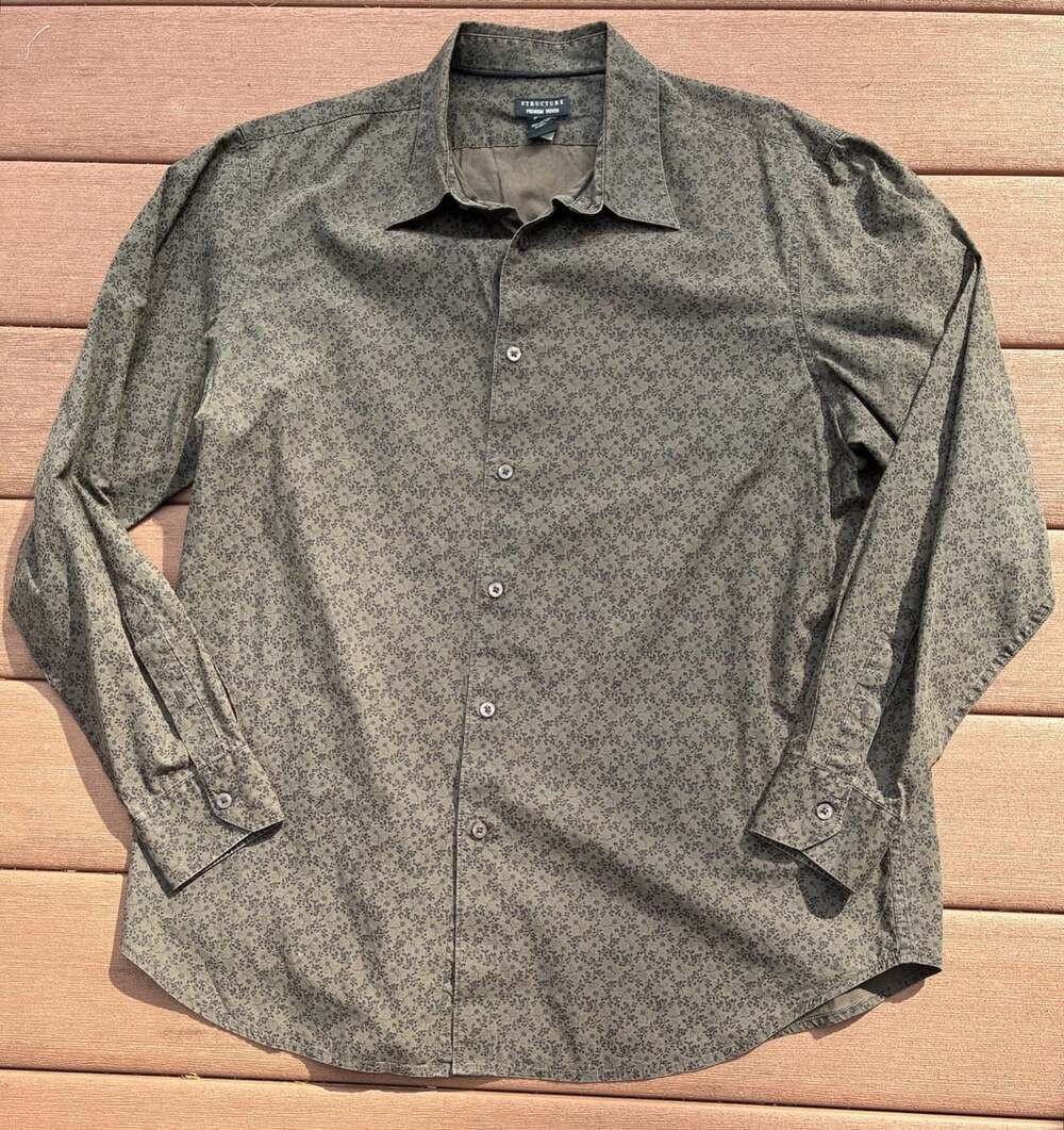 Structure Premium Woven Shirt Size XL Green Floral Cotton Long Sleeve
